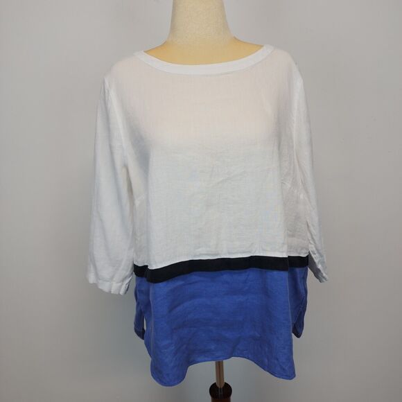 J.Jill Linen Colorblock Tunic Size XL Blue White 3/4 Sleeve Round Neck Coastal - Picture 1 of 16